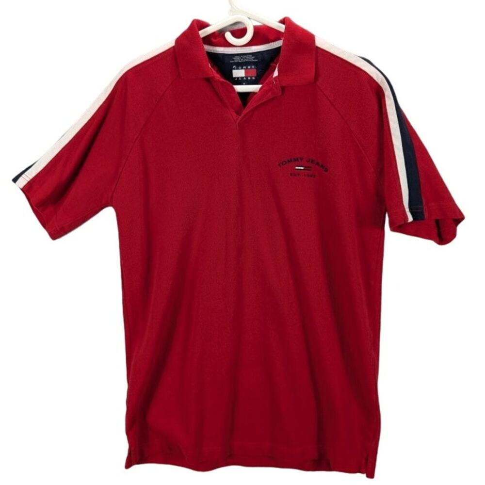 Vintage Tommy Hilfiger Shirt Mens Medium Red Y2K Polo Shoulder stripes Logo